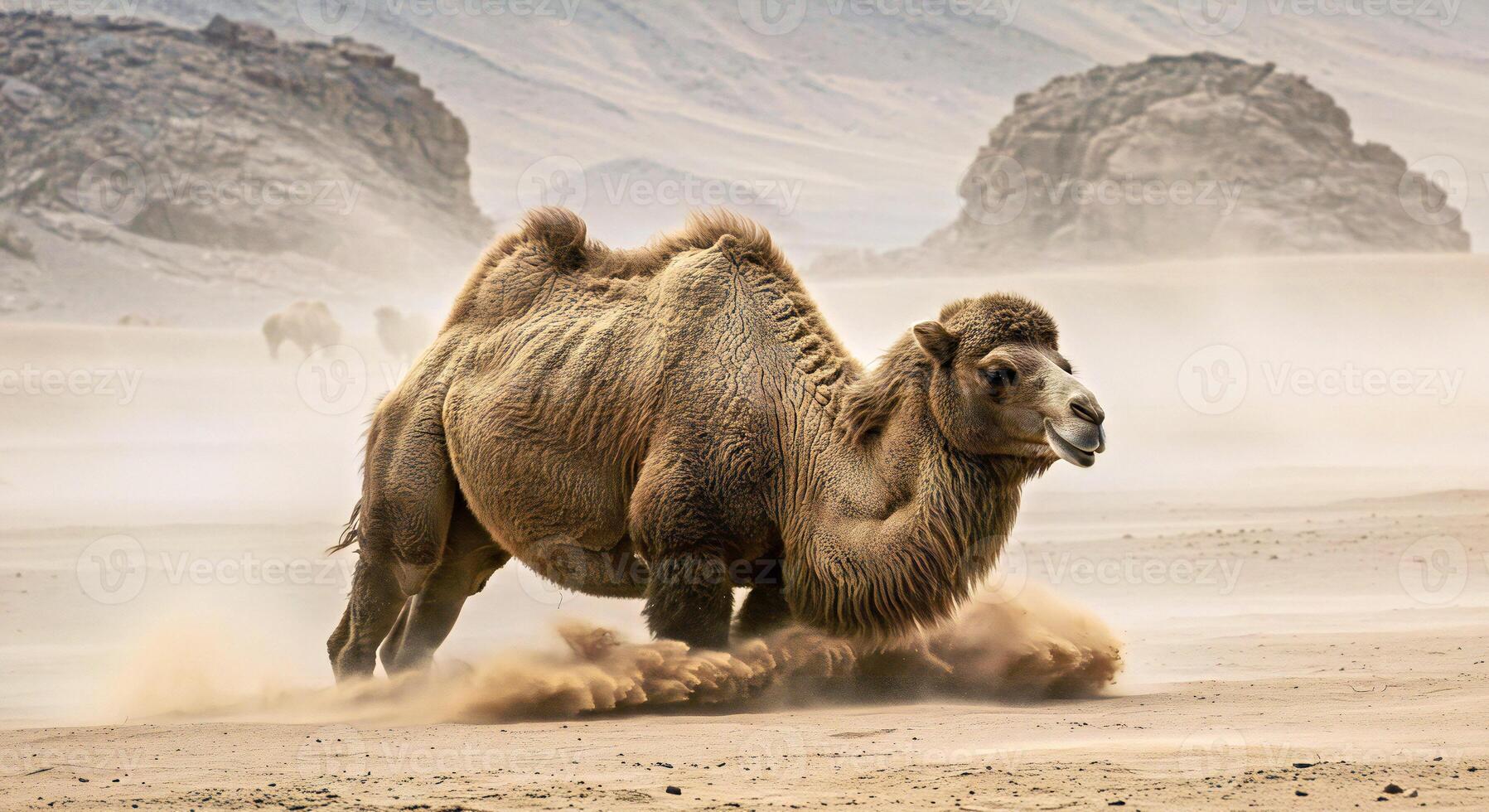 A camel is running in the desert photo