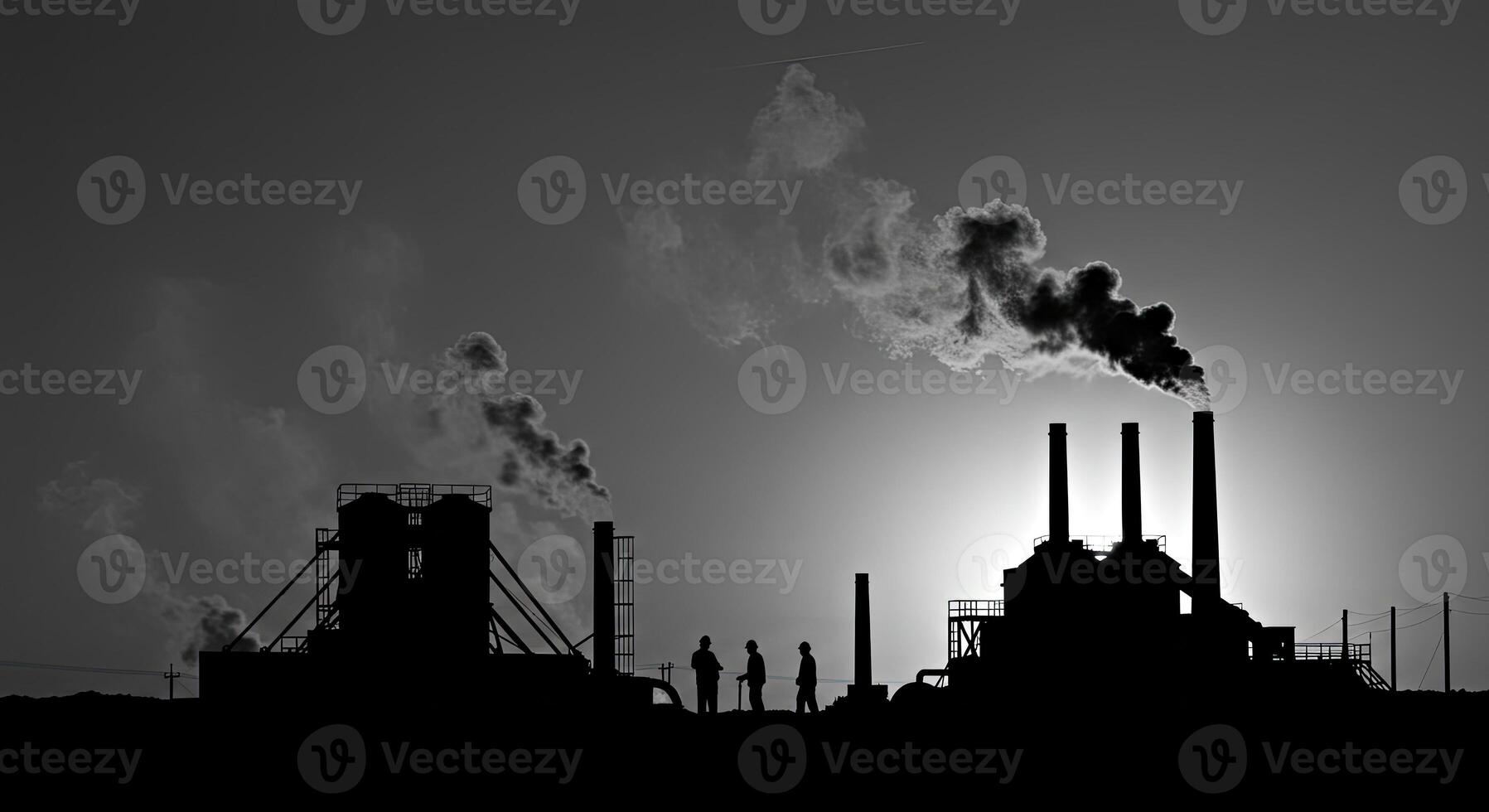 Silhouette of industrial factory with smoke stacks photo