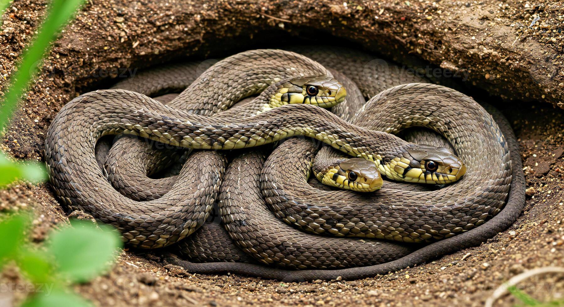 A group of garter snakes coiled together in a den preparing for hibernation photo