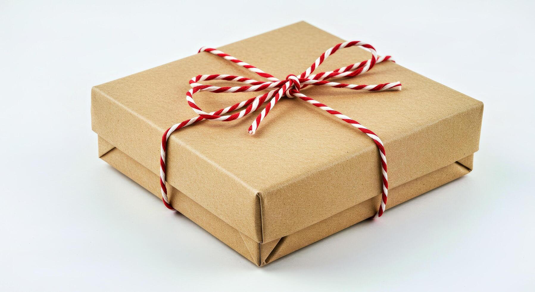A brown gift box tied with a red and white striped ribbon photo