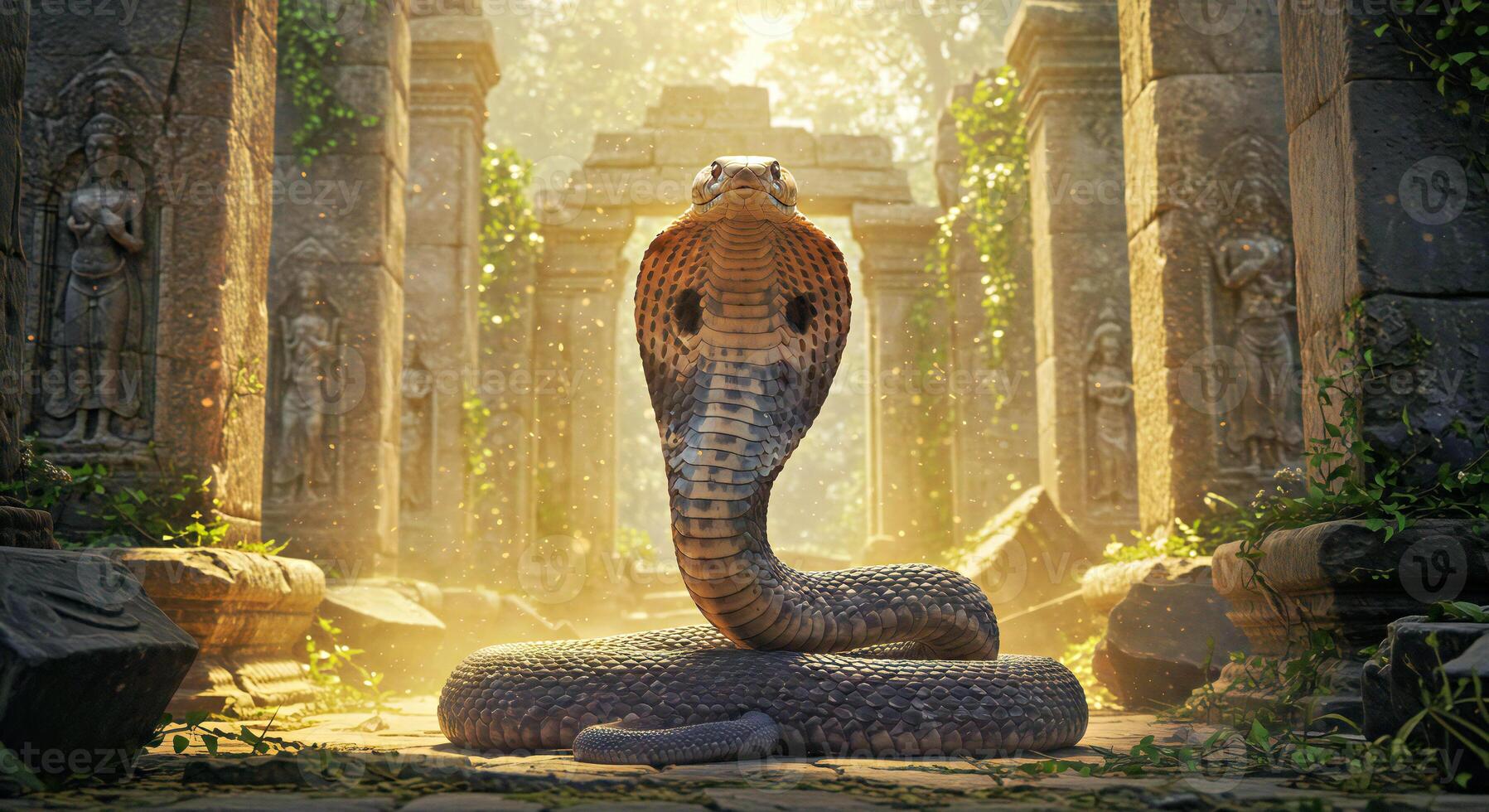 A cobra is sitting on the ground in front of a temple photo