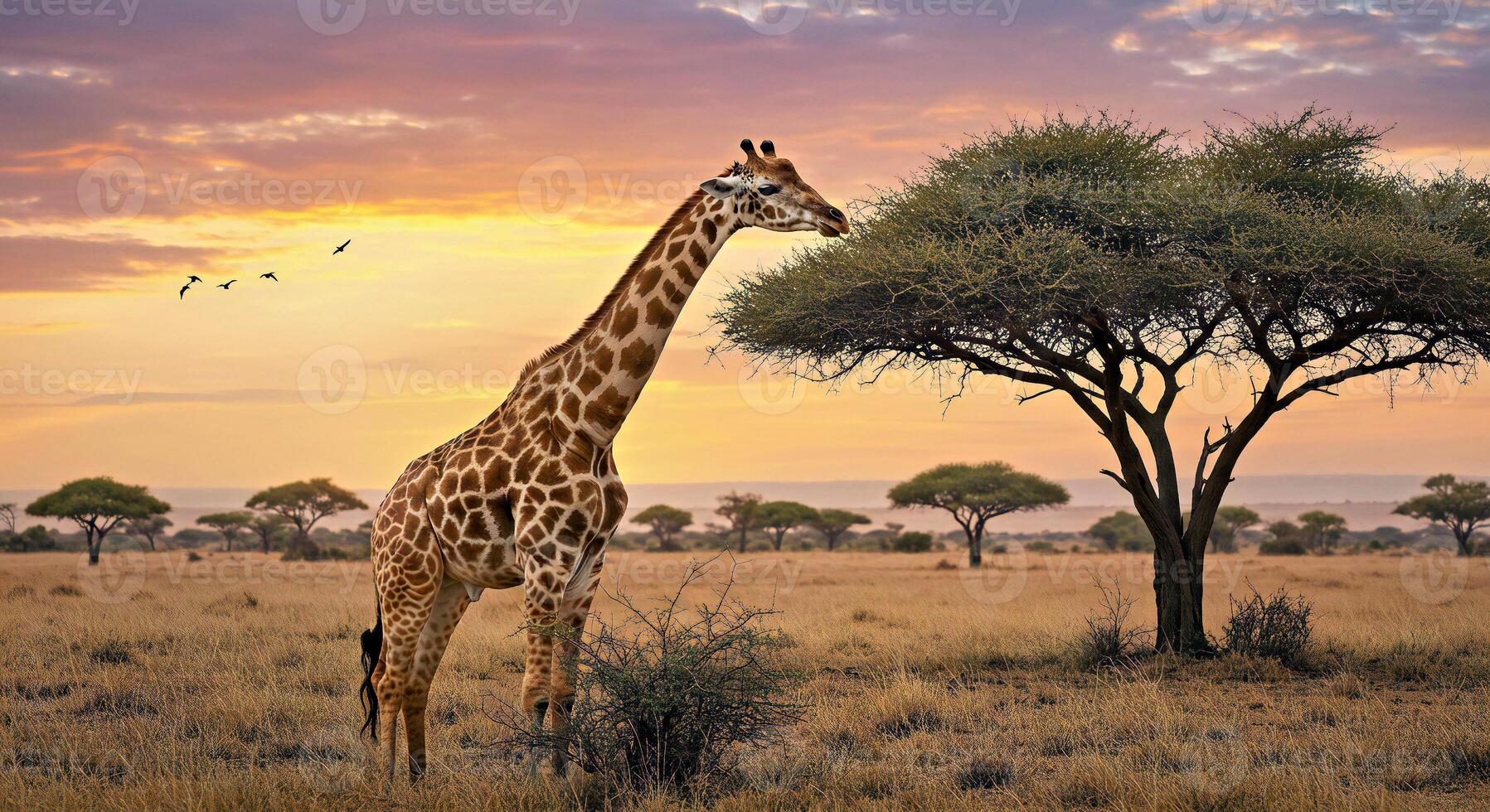 A giraffe standing in a field eating from a tree photo