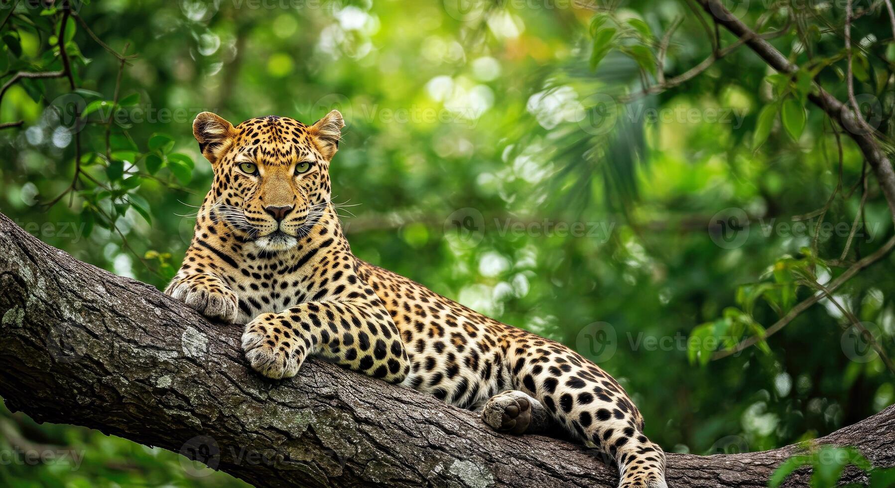 A leopard is sitting on a tree branch photo