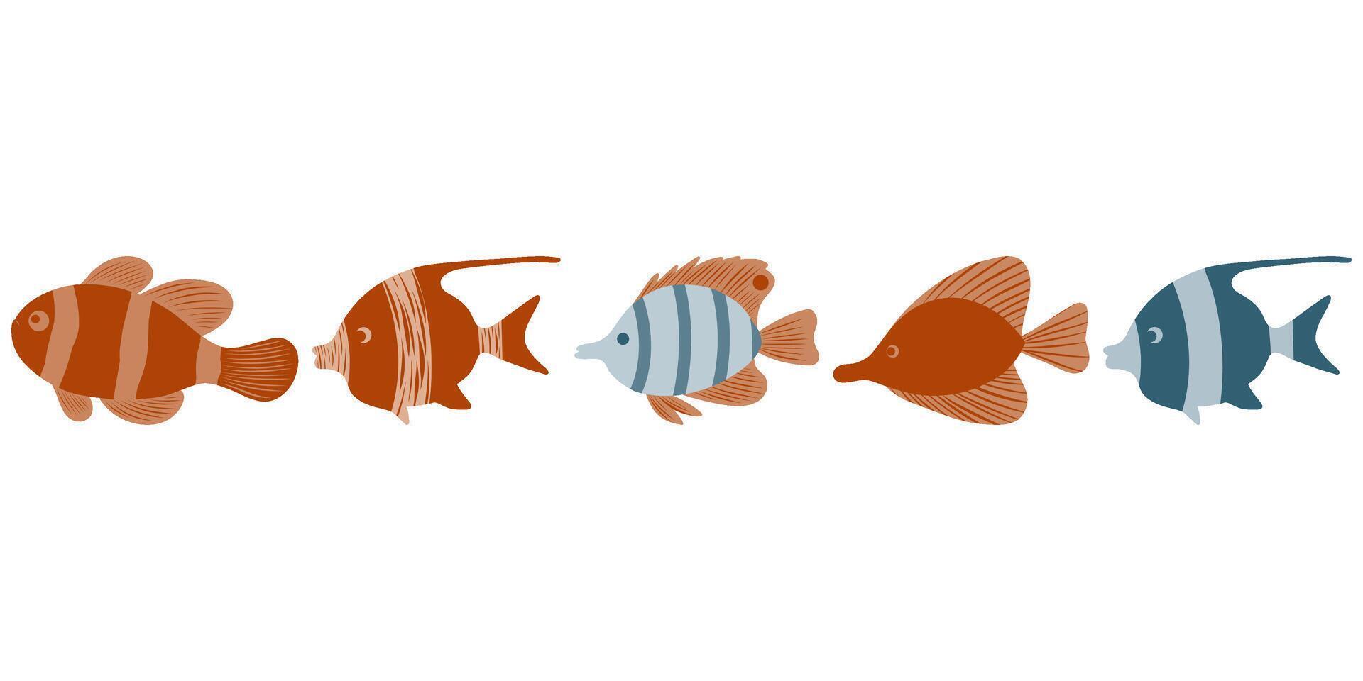 Hand drawn different fish set, blue and orange fish set, school of fish clipart vector