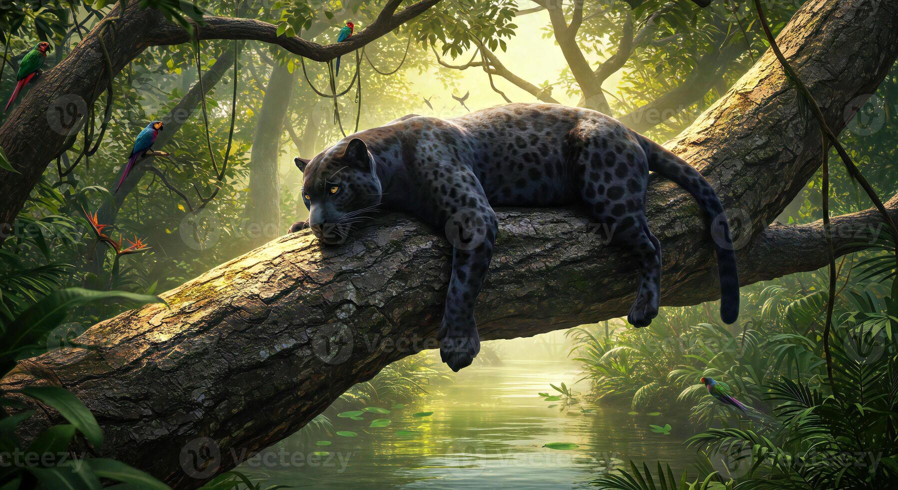 A black leopard is resting on a tree branch in the jungle photo