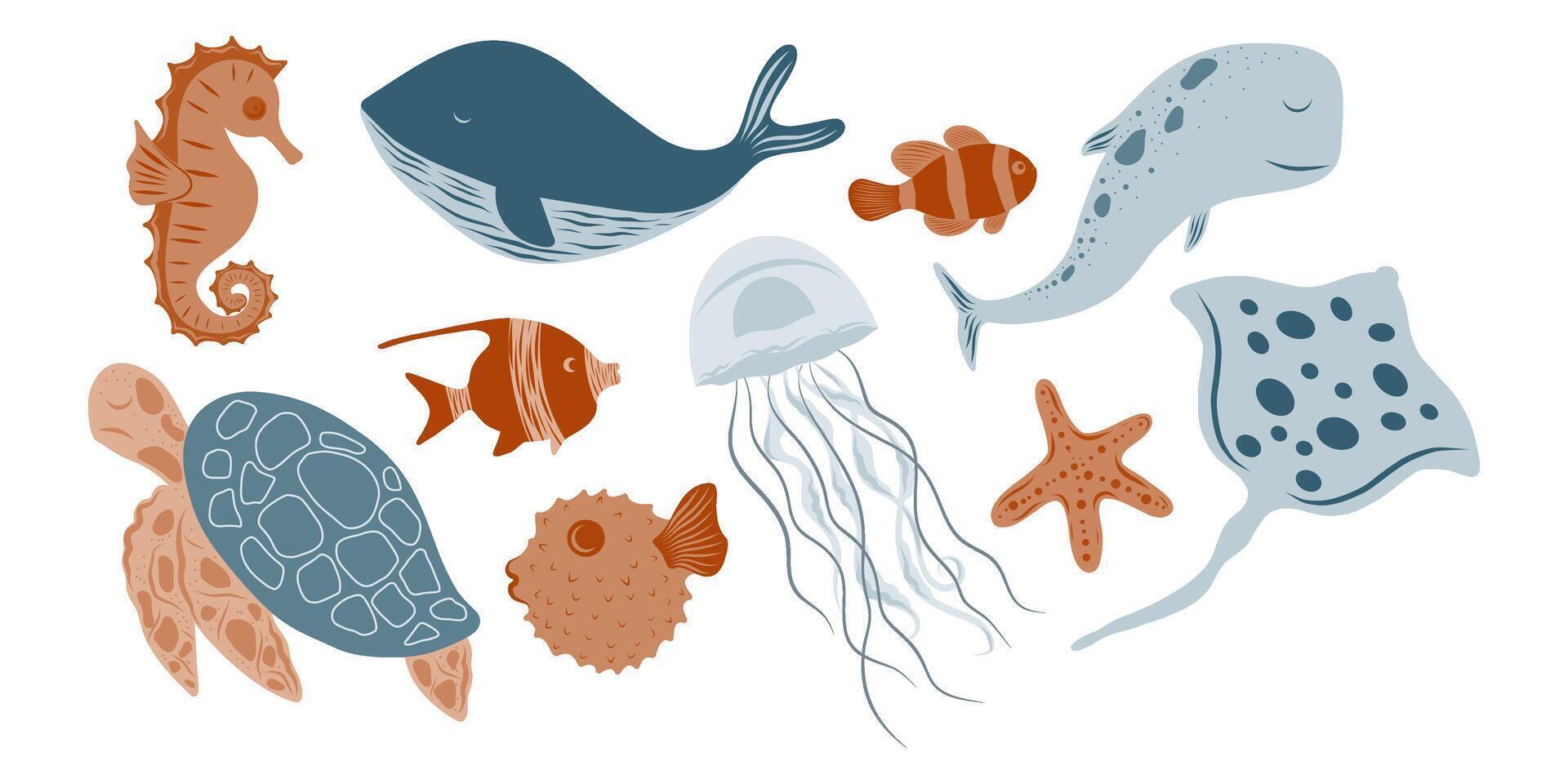 Ocean animals set, whale, starfish, fish, turtle, fugu fish, jellyfish, stingray fish, seahorse vector
