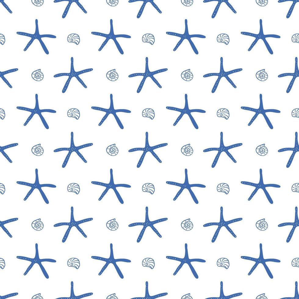 Blue starfish and seashells seamless pattern, hand drawn ocean pattern vector