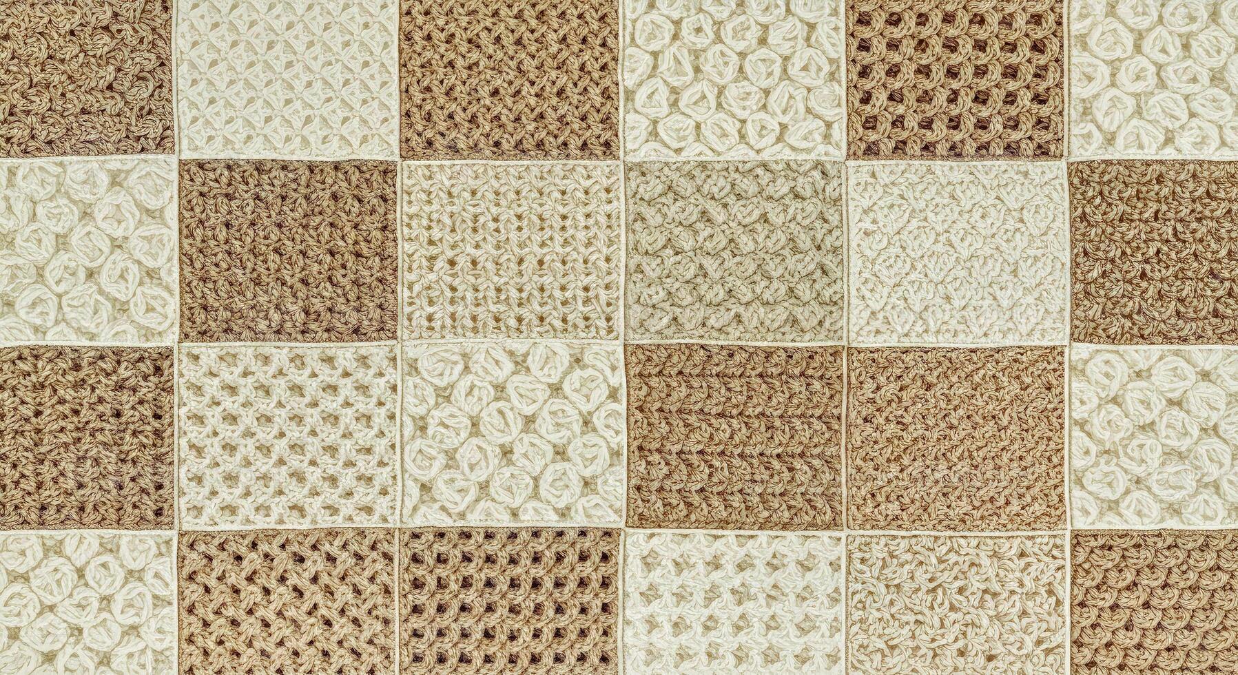 A brown and white rug with squares of crochet photo