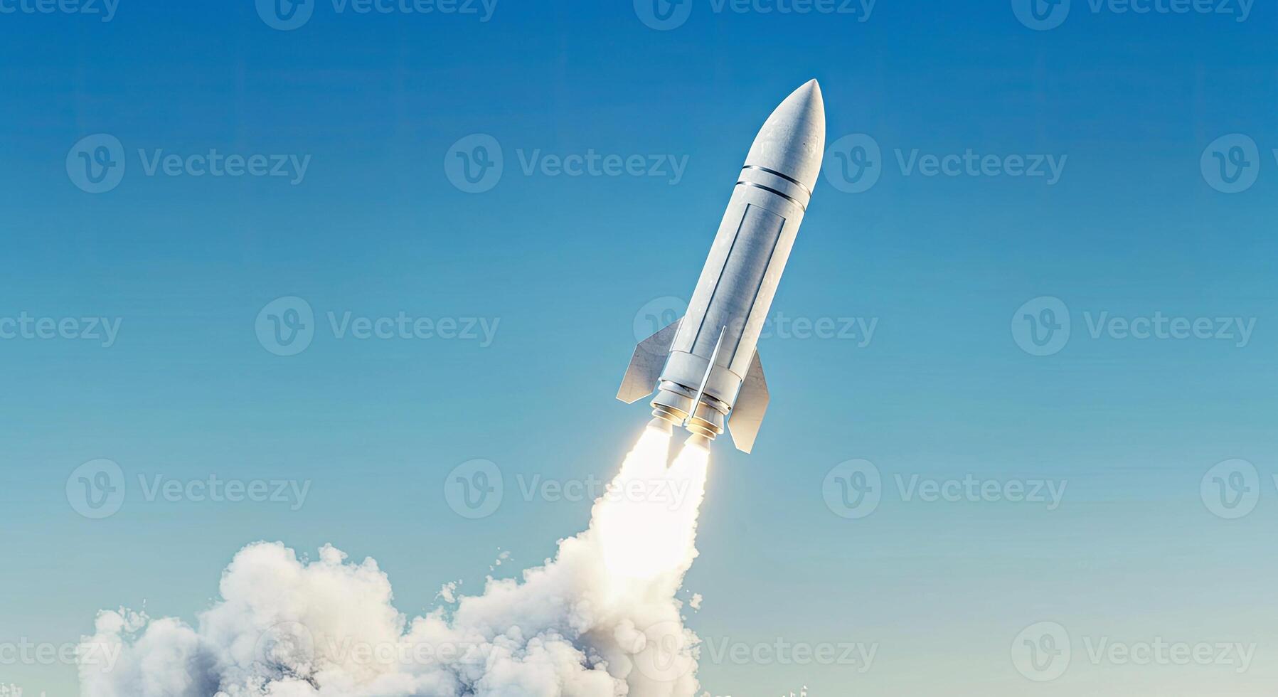 A rocket is taking off into the sky photo