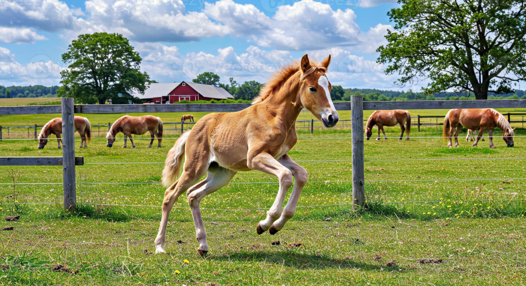 A horse running in a field with other horses photo