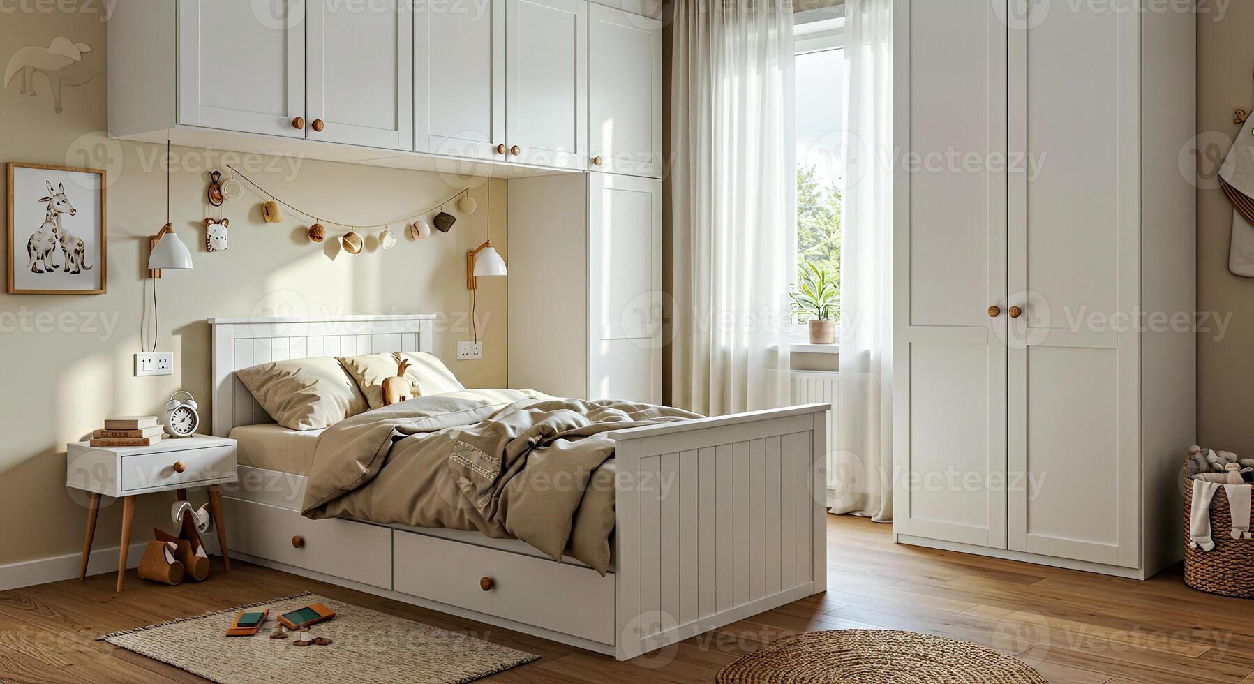 A white bedroom with a bed, dresser and a wooden floor photo