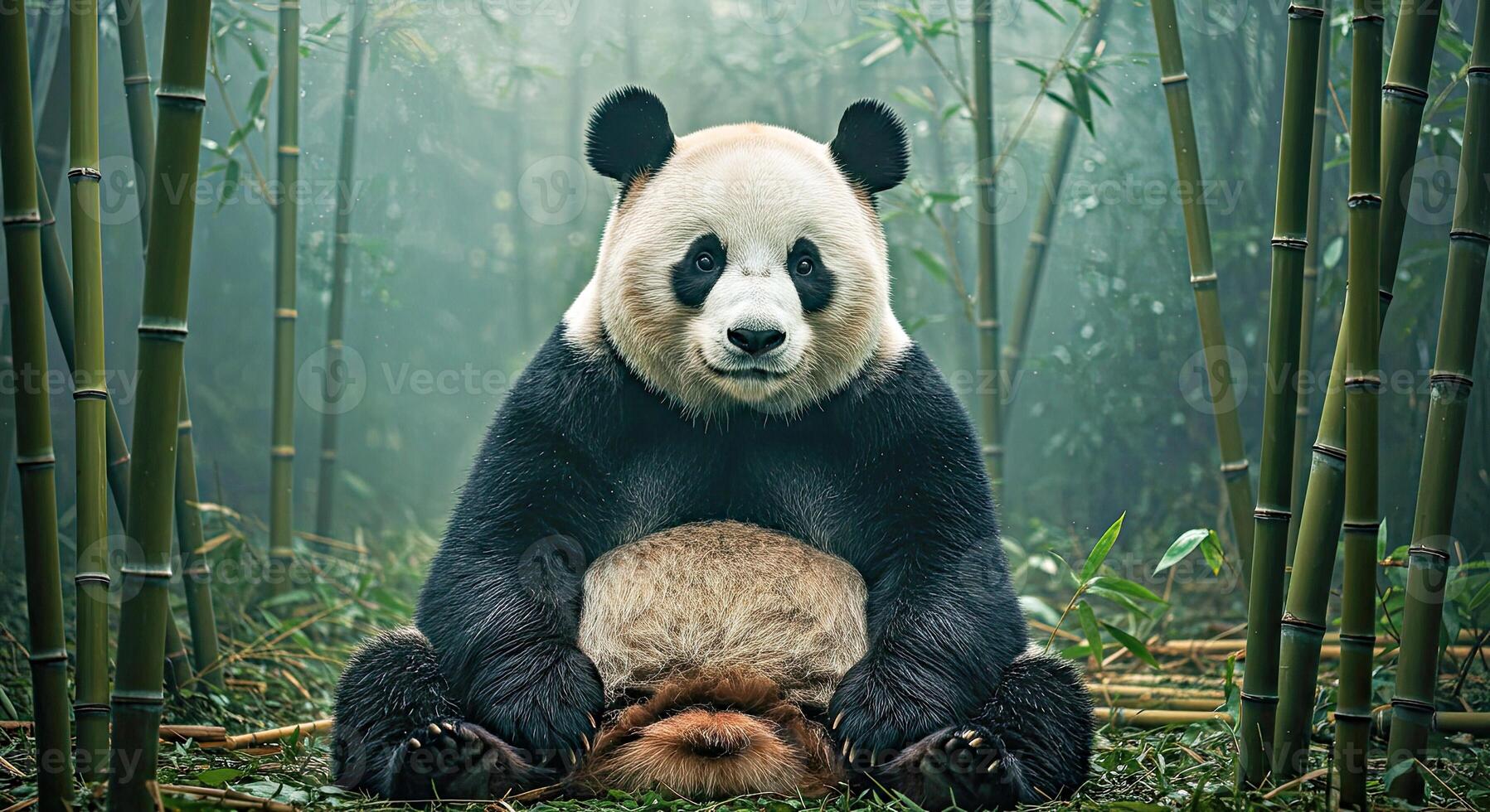 A panda bear sitting in the middle of a bamboo forest photo