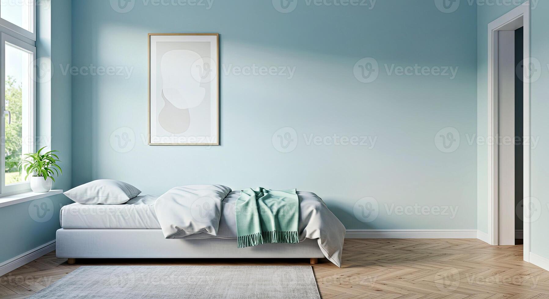 A bedroom with blue walls and a bed photo