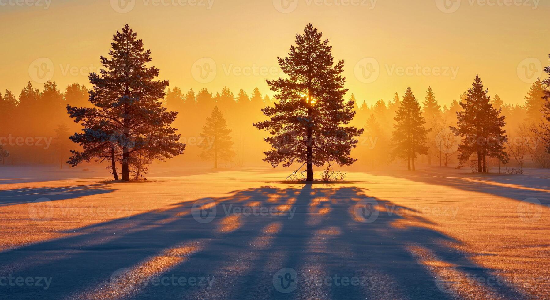 Sunrise in winter, trees in the snow photo