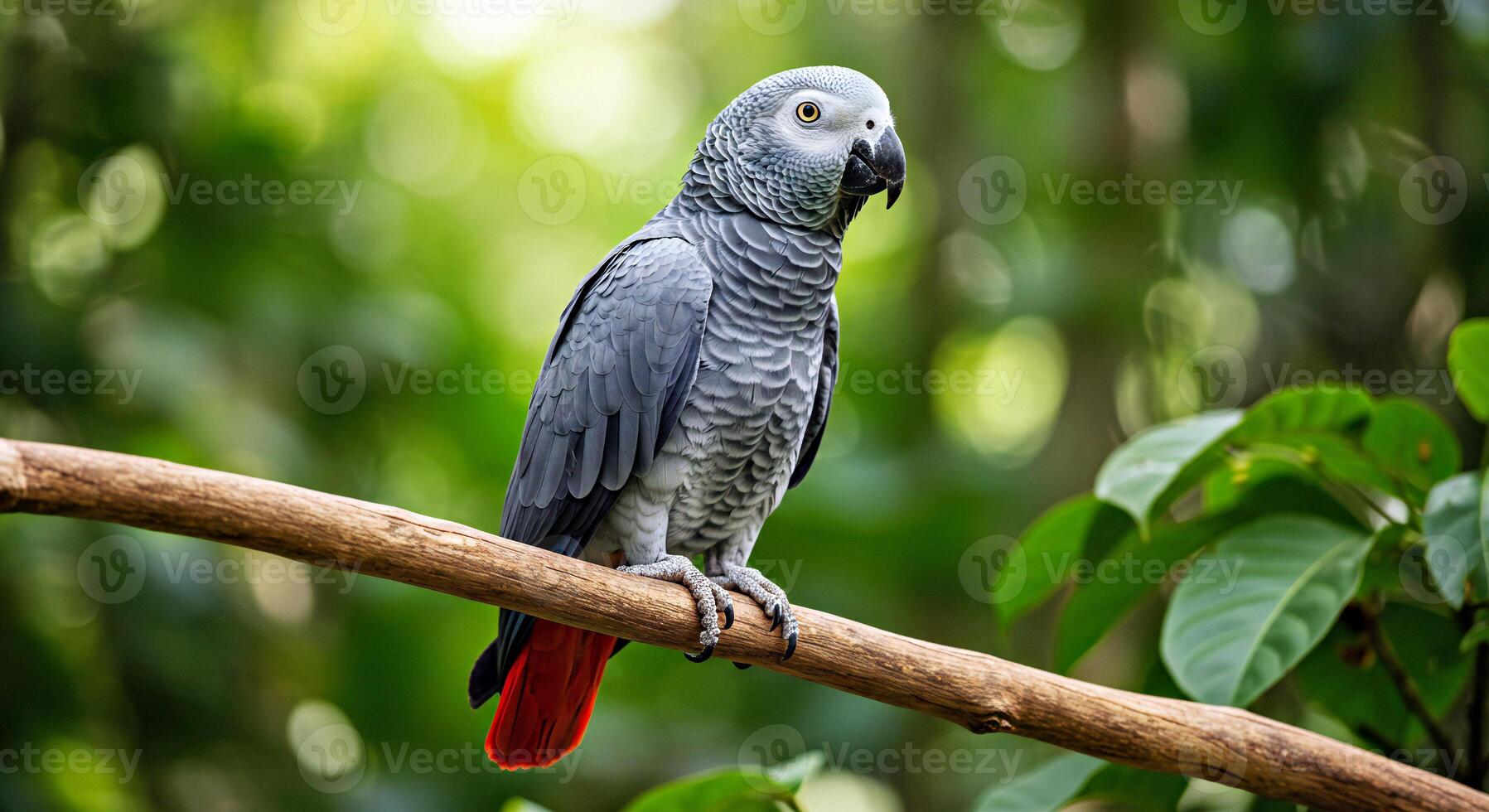 A grey parrot sitting on a branch photo
