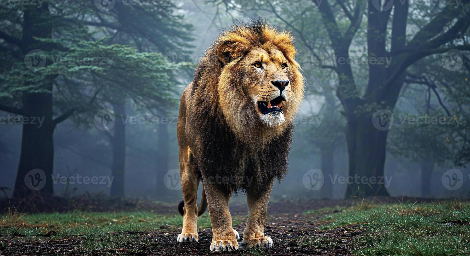 A lion is standing in the middle of a forest photo