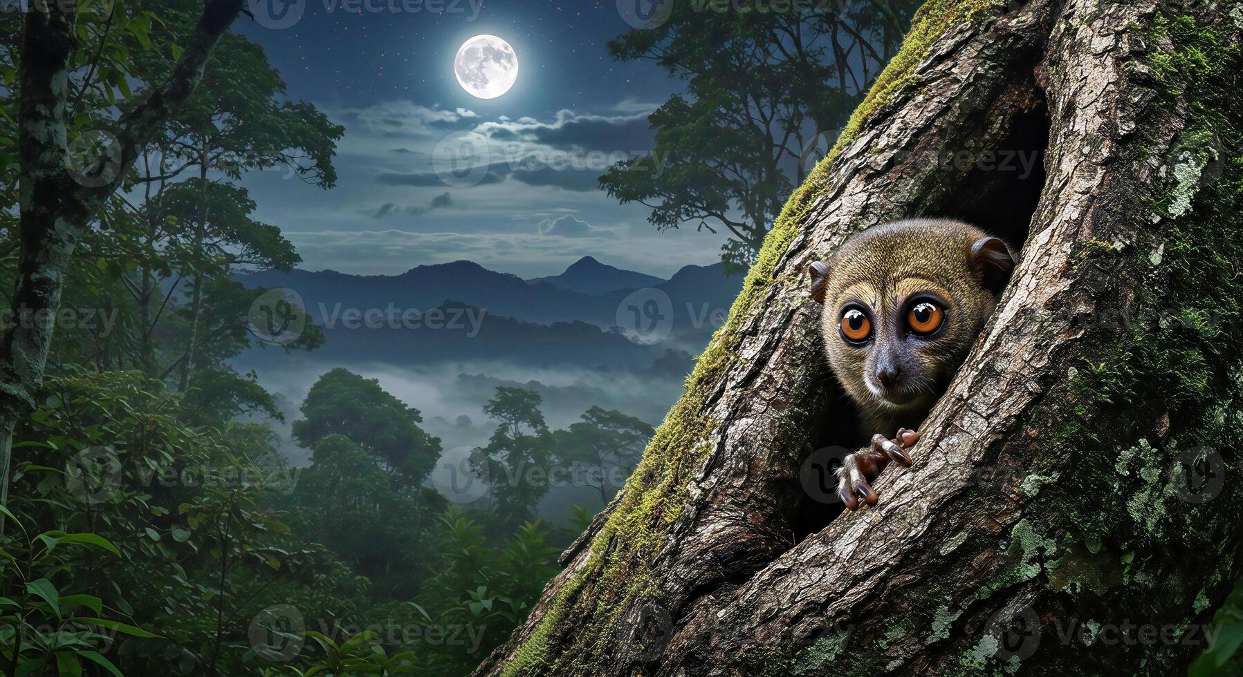 A cute little animal peeking out of a tree photo