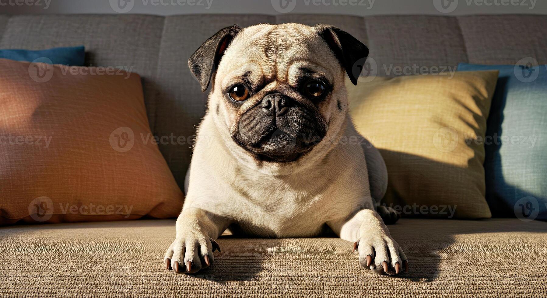 A pug dog sitting on a couch photo