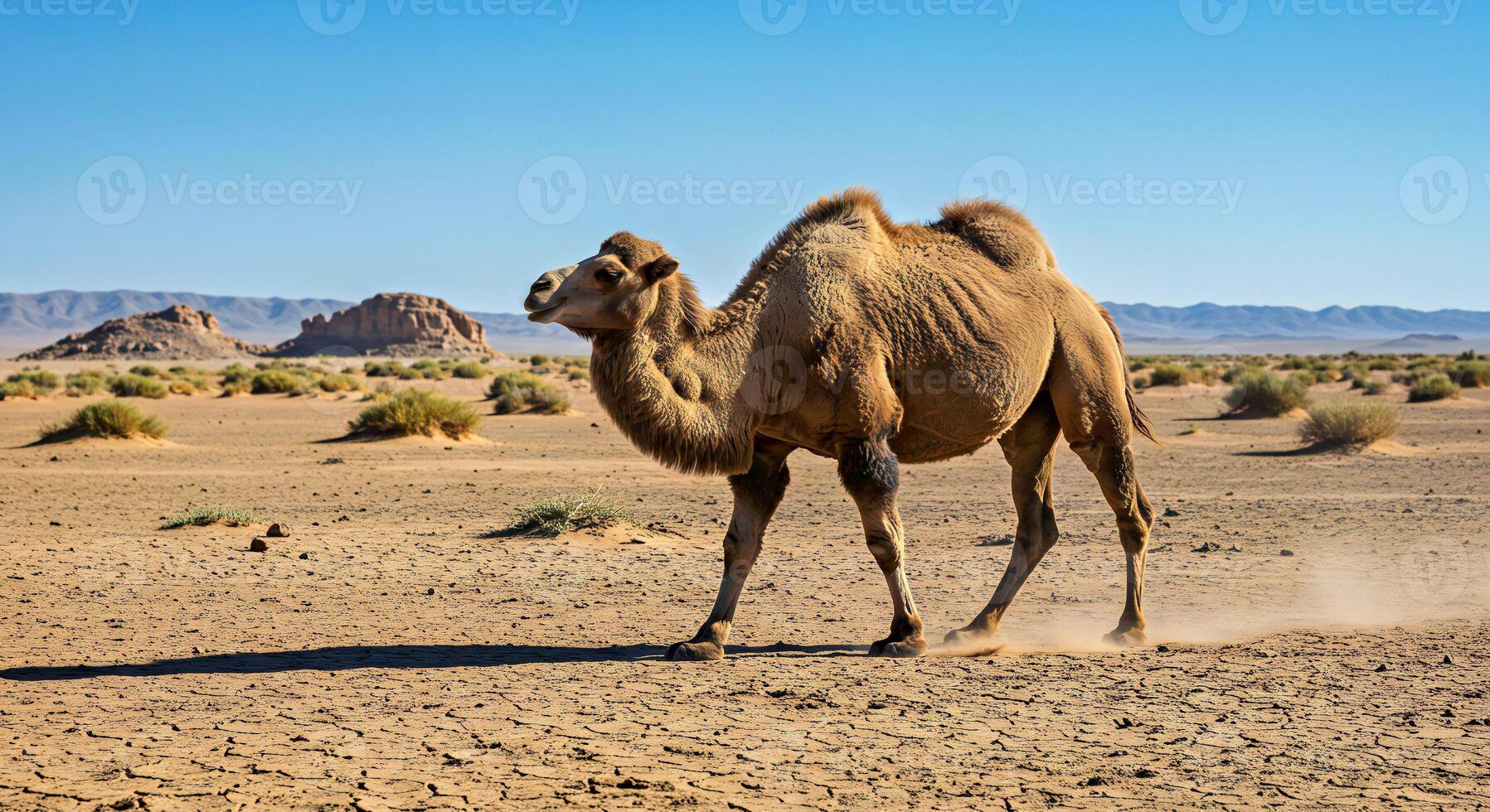 A camel walking in the desert photo