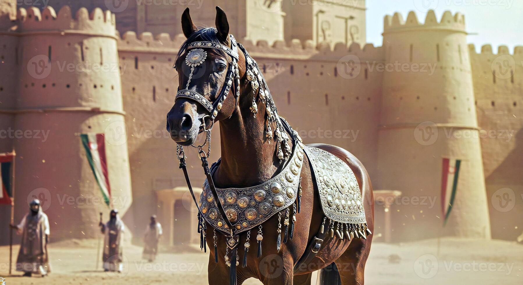 A horse with a golden saddle in front of a castle photo