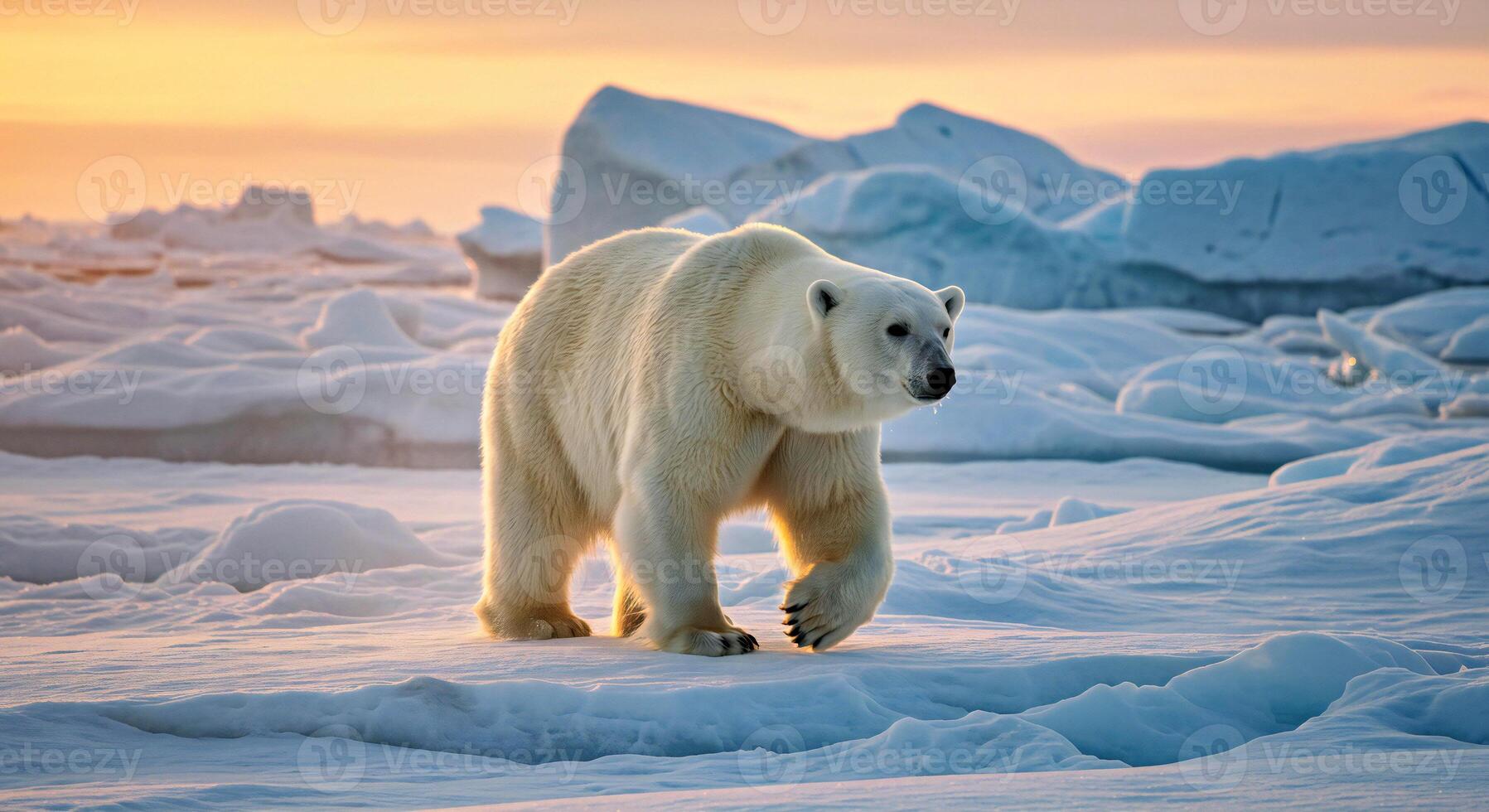 A polar bear walking across a snowy field photo
