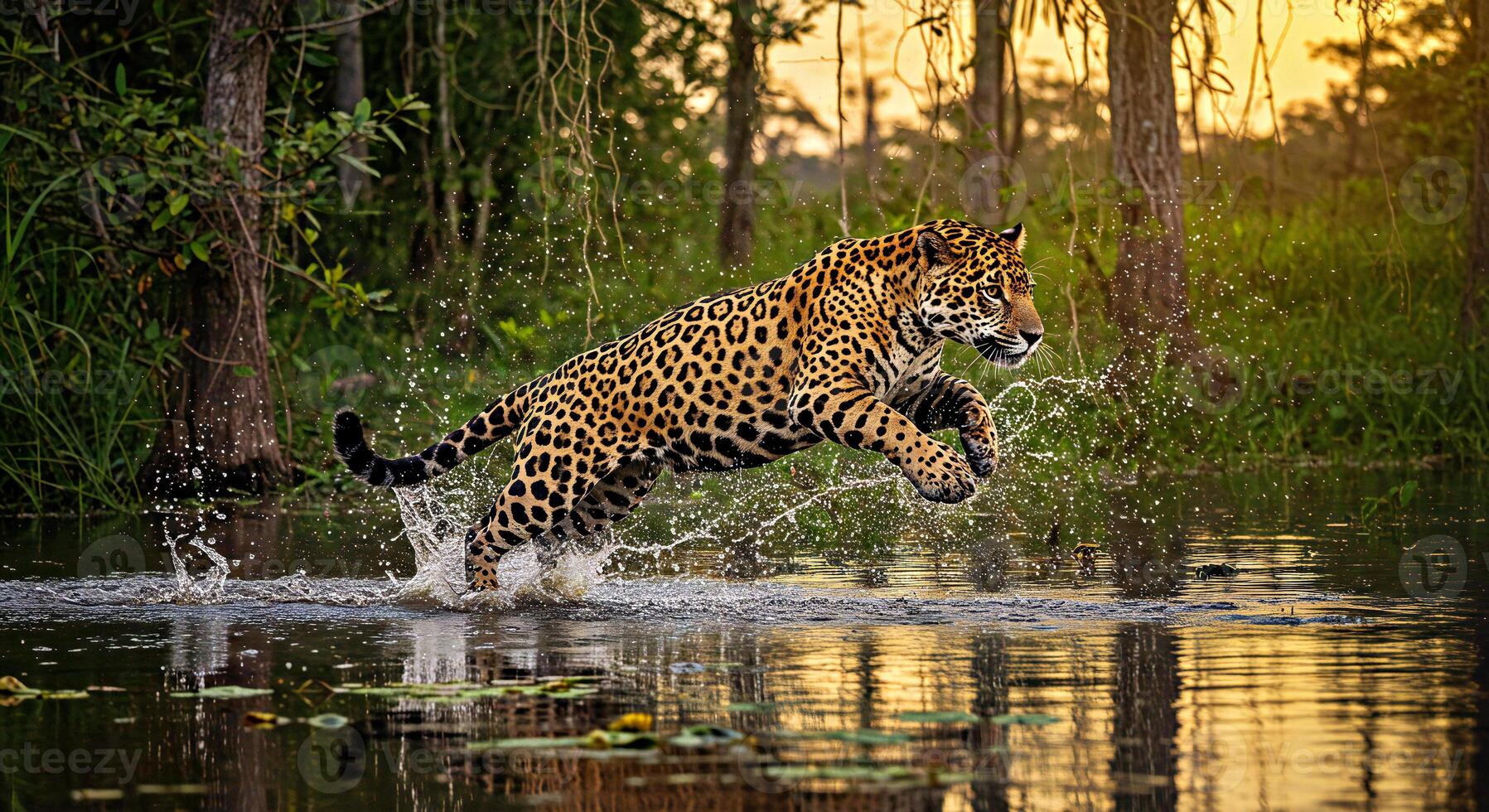 Jaguar jumping into water photo