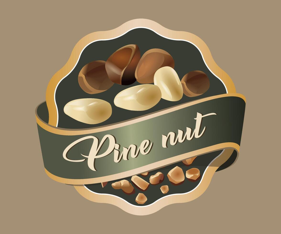 green pine nut jar sticker with gold trim on light brown background vector