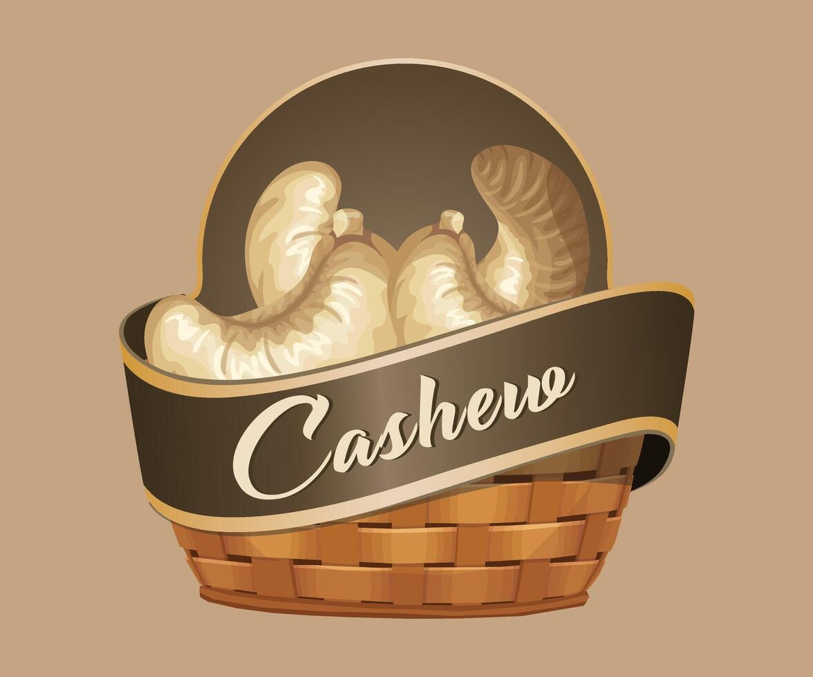 cashew nut jar sticker in the form of a wicker basket on a light brown background vector