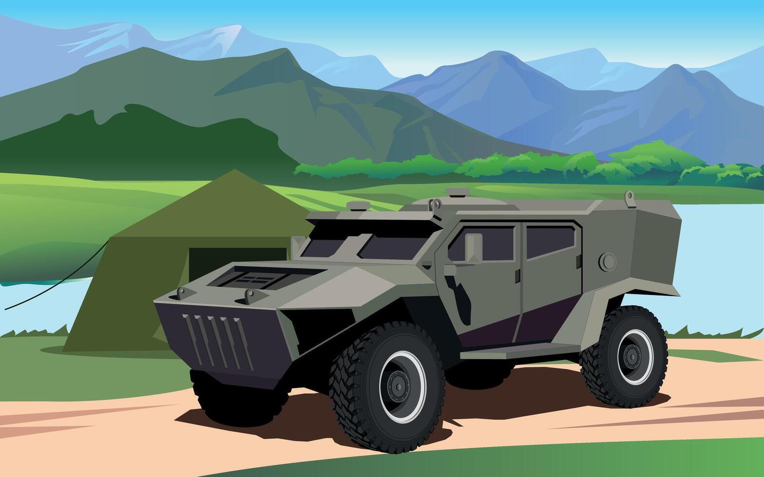 armored army military command vehicle in khaki green against the backdrop of riiver vector