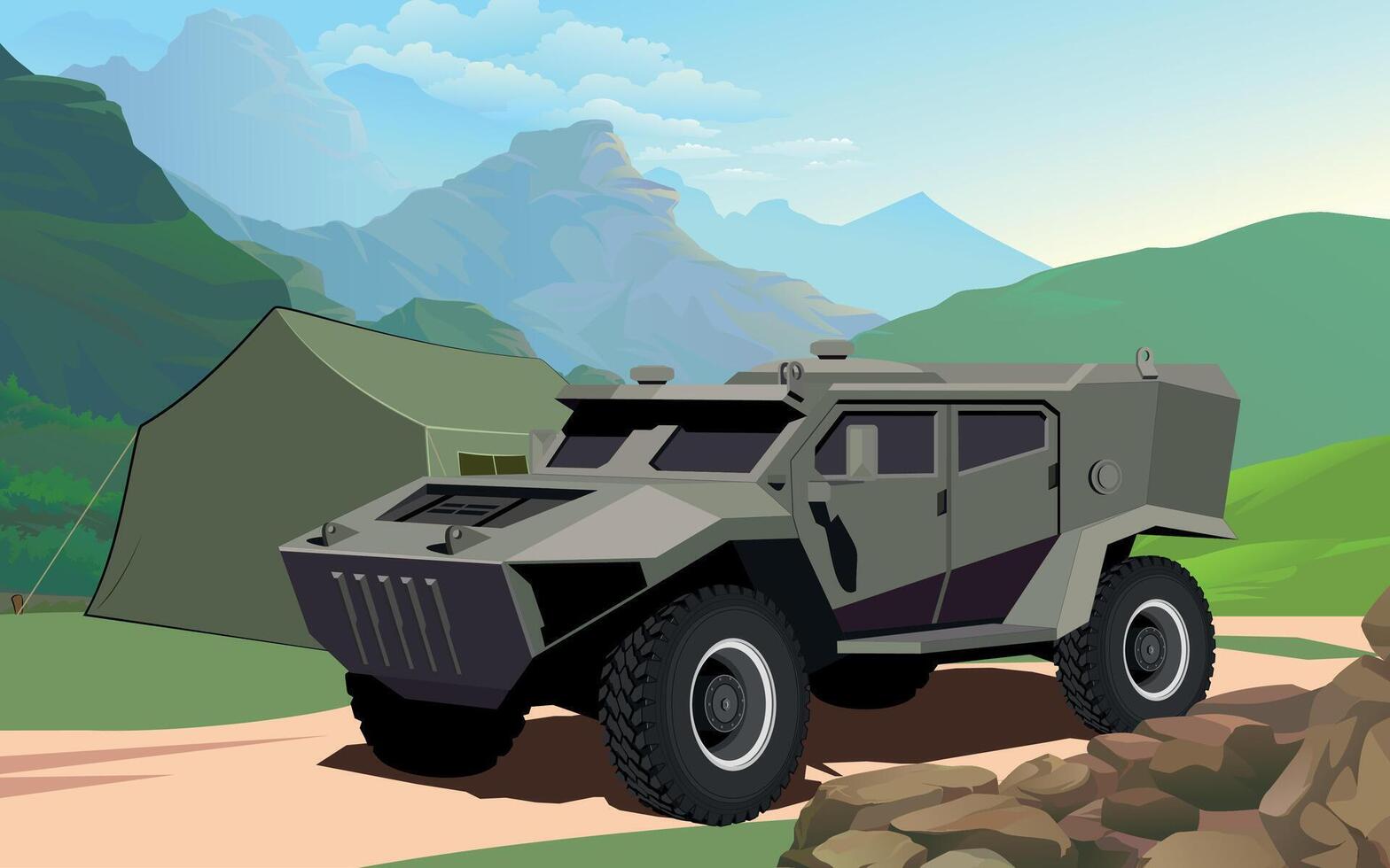 armored army military command vehicle in khaki against the backdrop of mountains vector