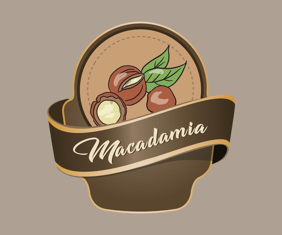 Macadamia nut jar sticker in the form of a stylized basket on a light brown background vector
