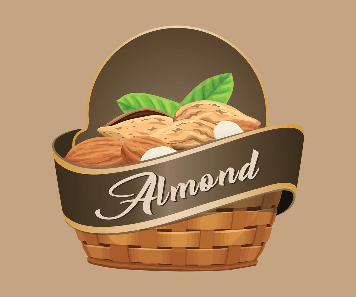 almond nut jar sticker in the form of a wicker basket on a light brown background vector