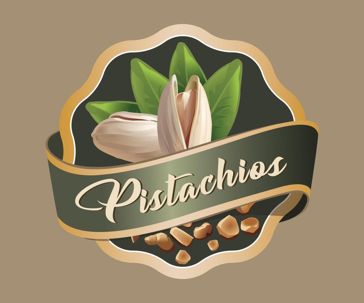 green pistachios nut jar sticker with gold trim on light brown background vector