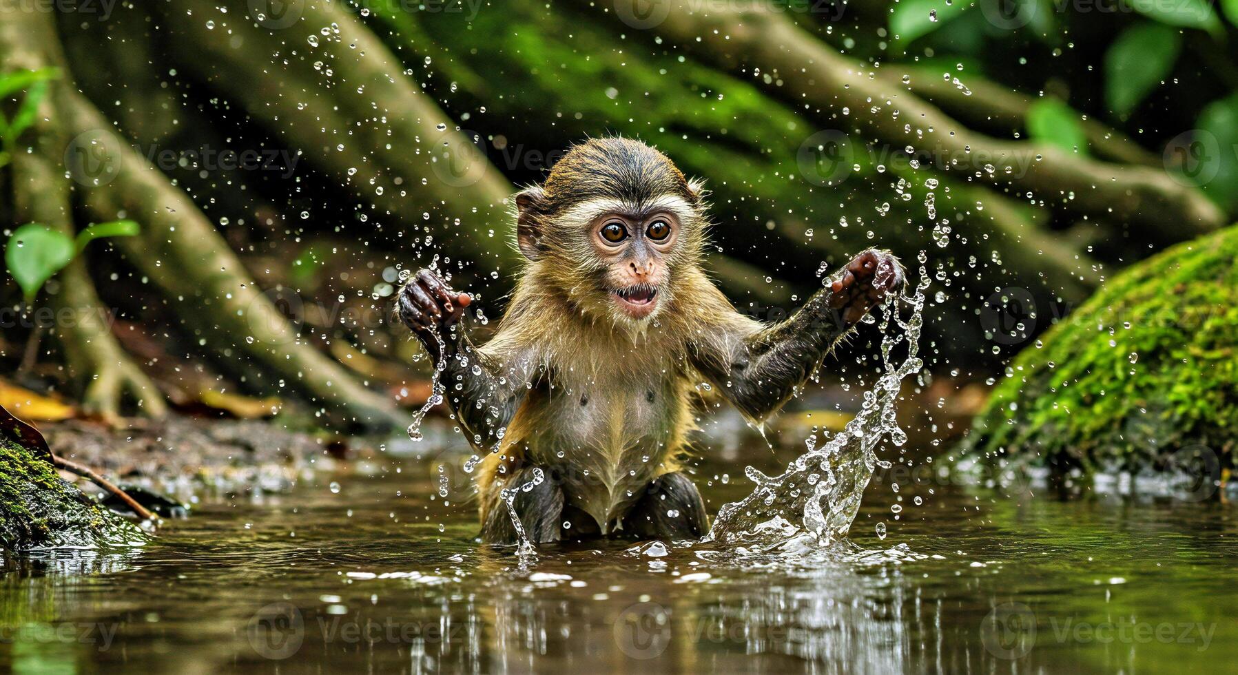 A monkey splashing water in the water photo
