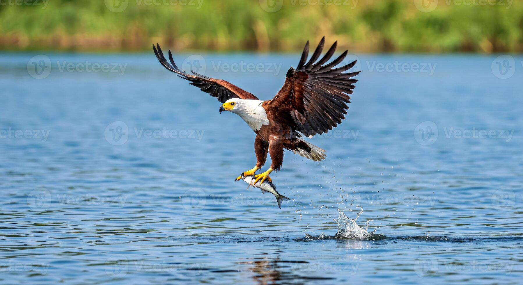 An eagle is flying over a lake with a fish in its talons photo
