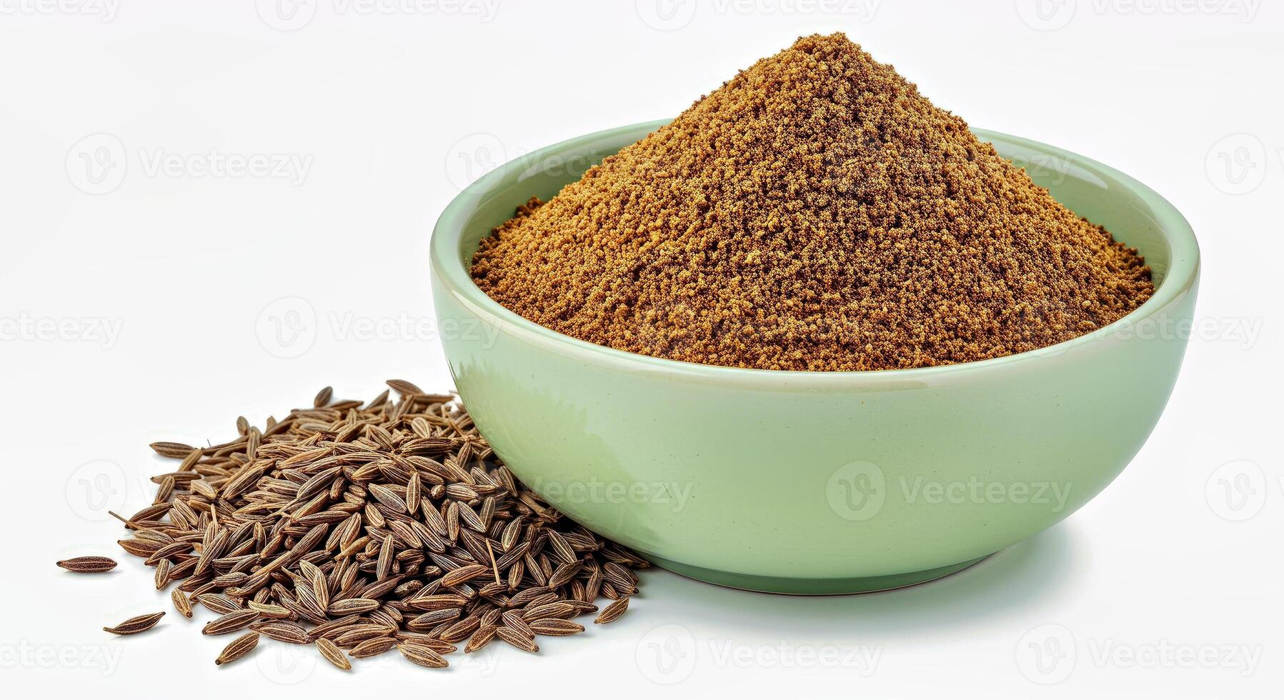 Cinnamon powder in a bowl and seeds photo