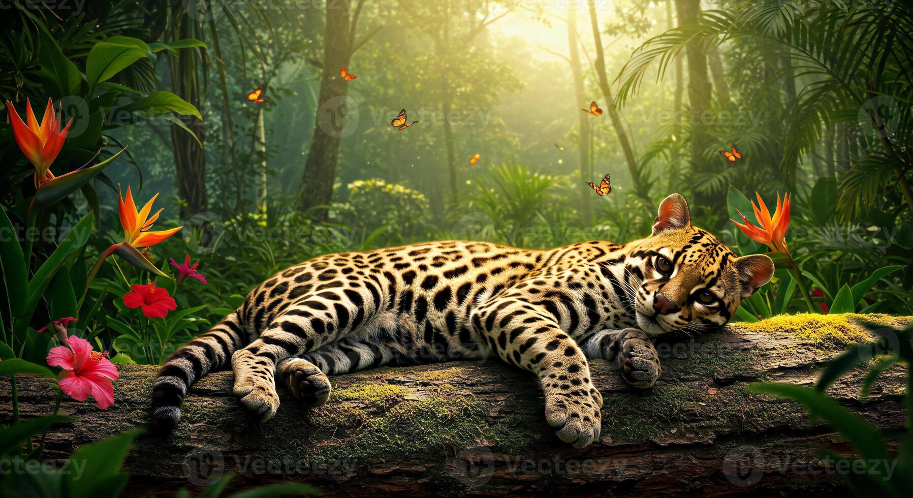 A leopard laying on a log in the jungle photo