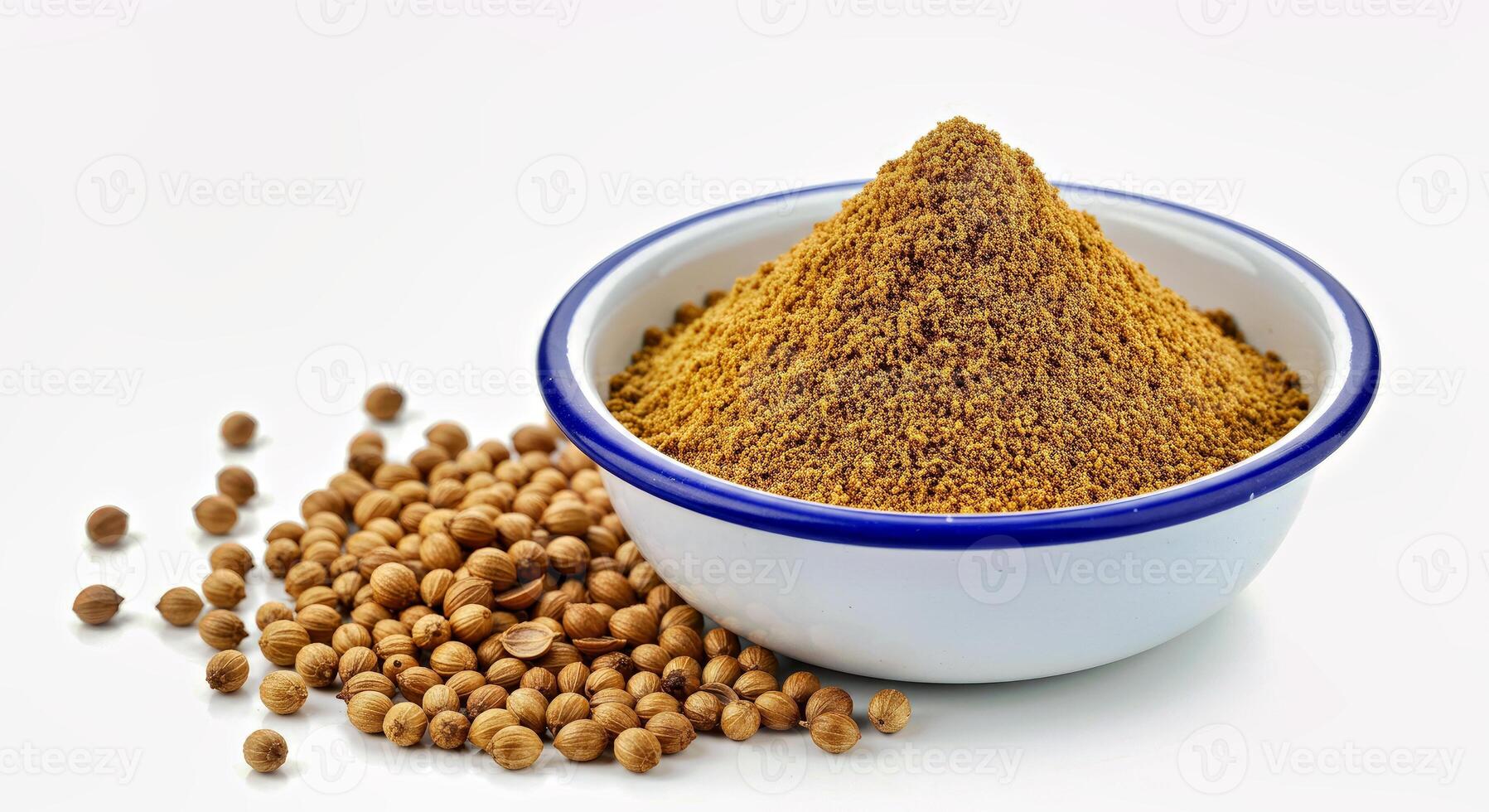 Coriander seeds and ground coriander powder in a bowl photo