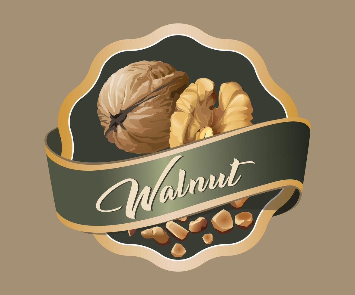 green walnut jar sticker with gold trim on light brown background vector