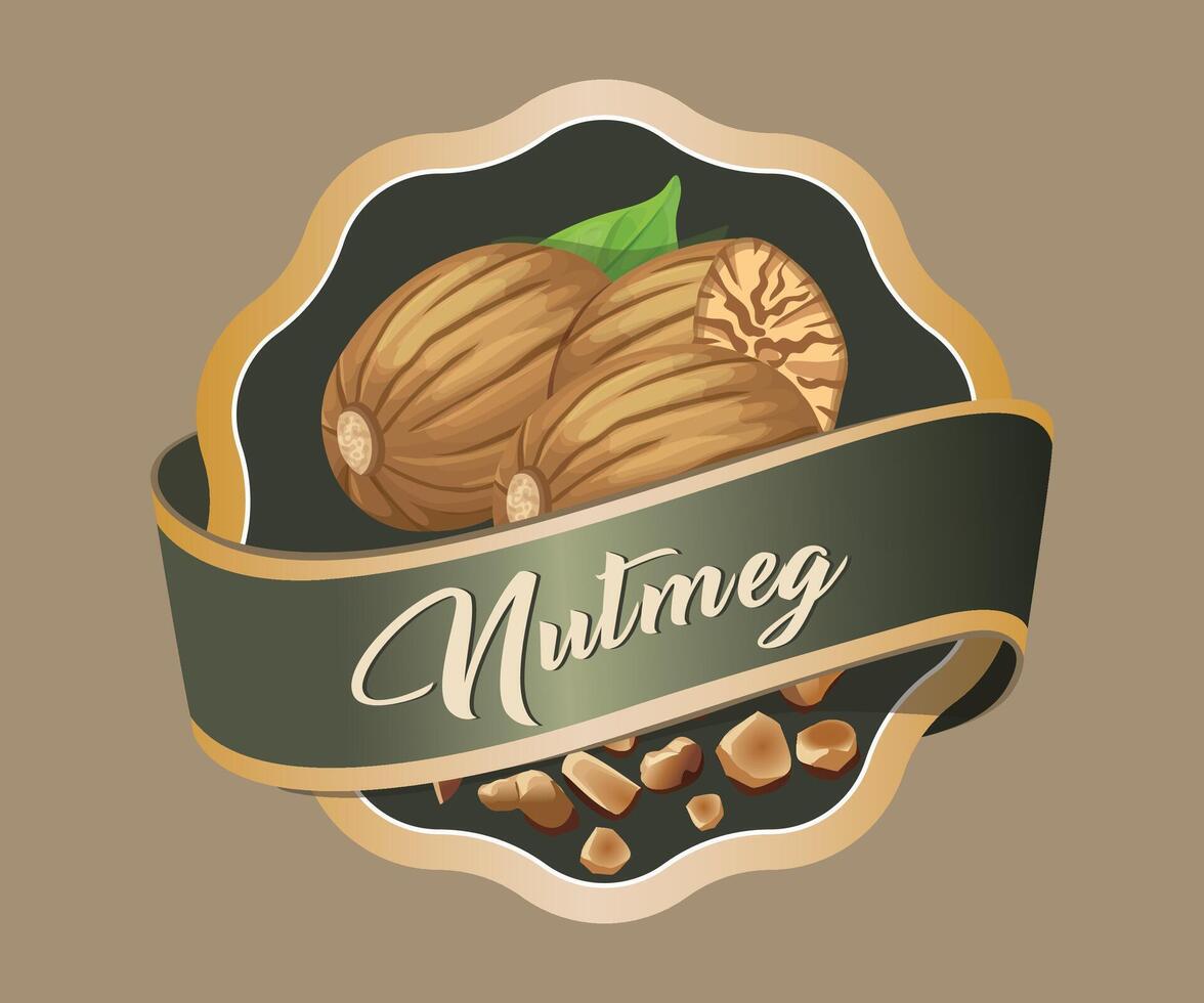 green nutmeg nut jar sticker with gold trim on light brown background vector