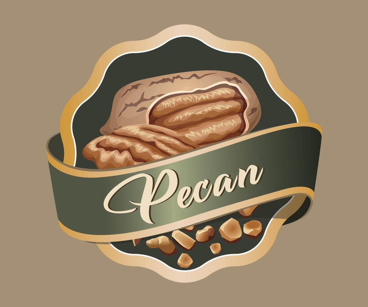 green pecan nut jar sticker with gold trim on light brown background vector