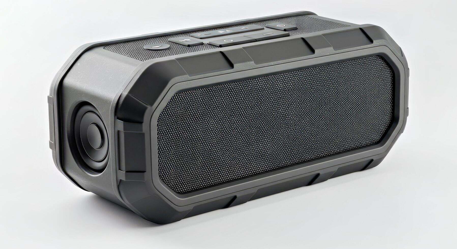 A black portable speaker with a white background photo