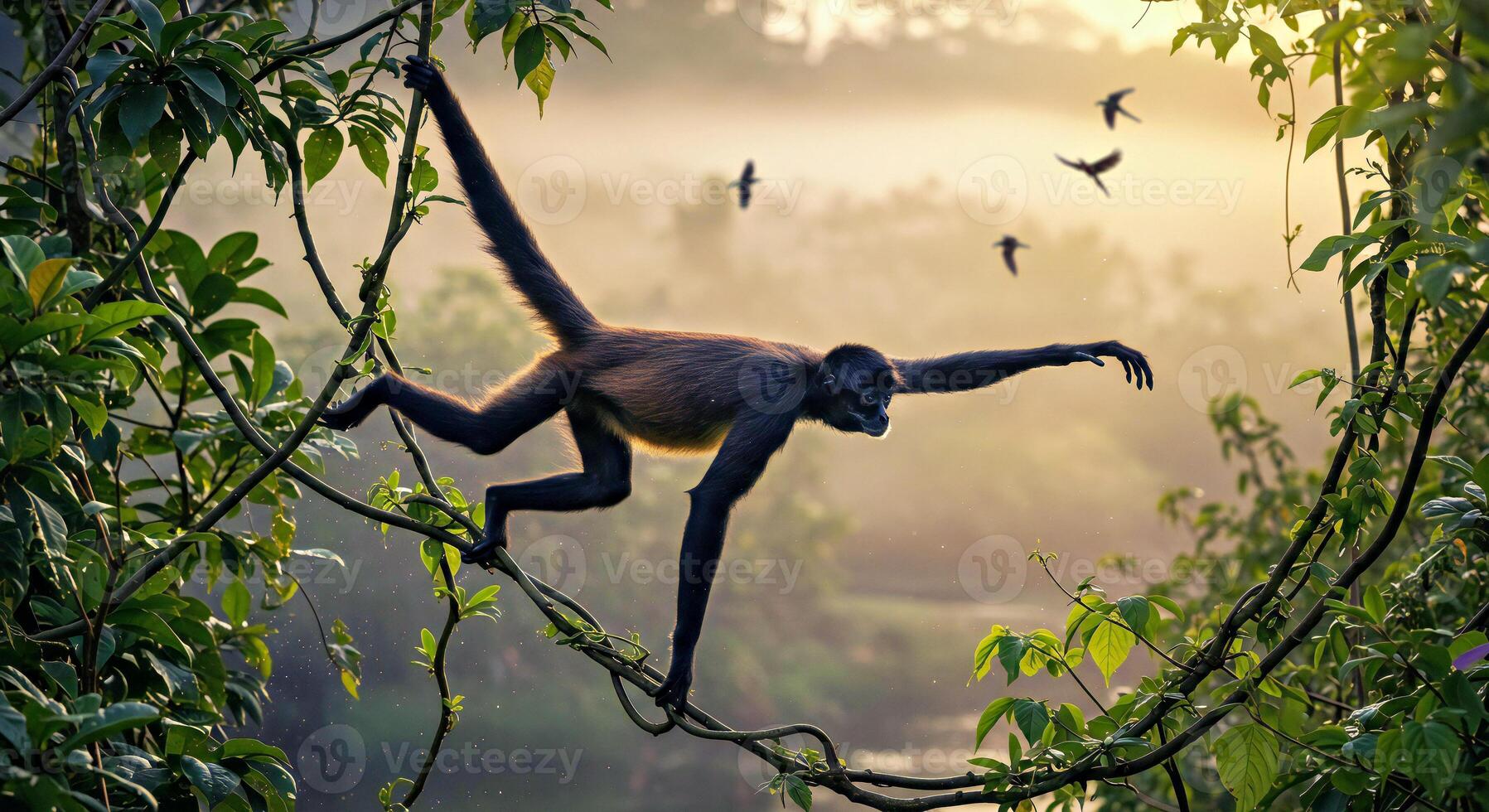 A monkey is climbing a tree in the jungle photo