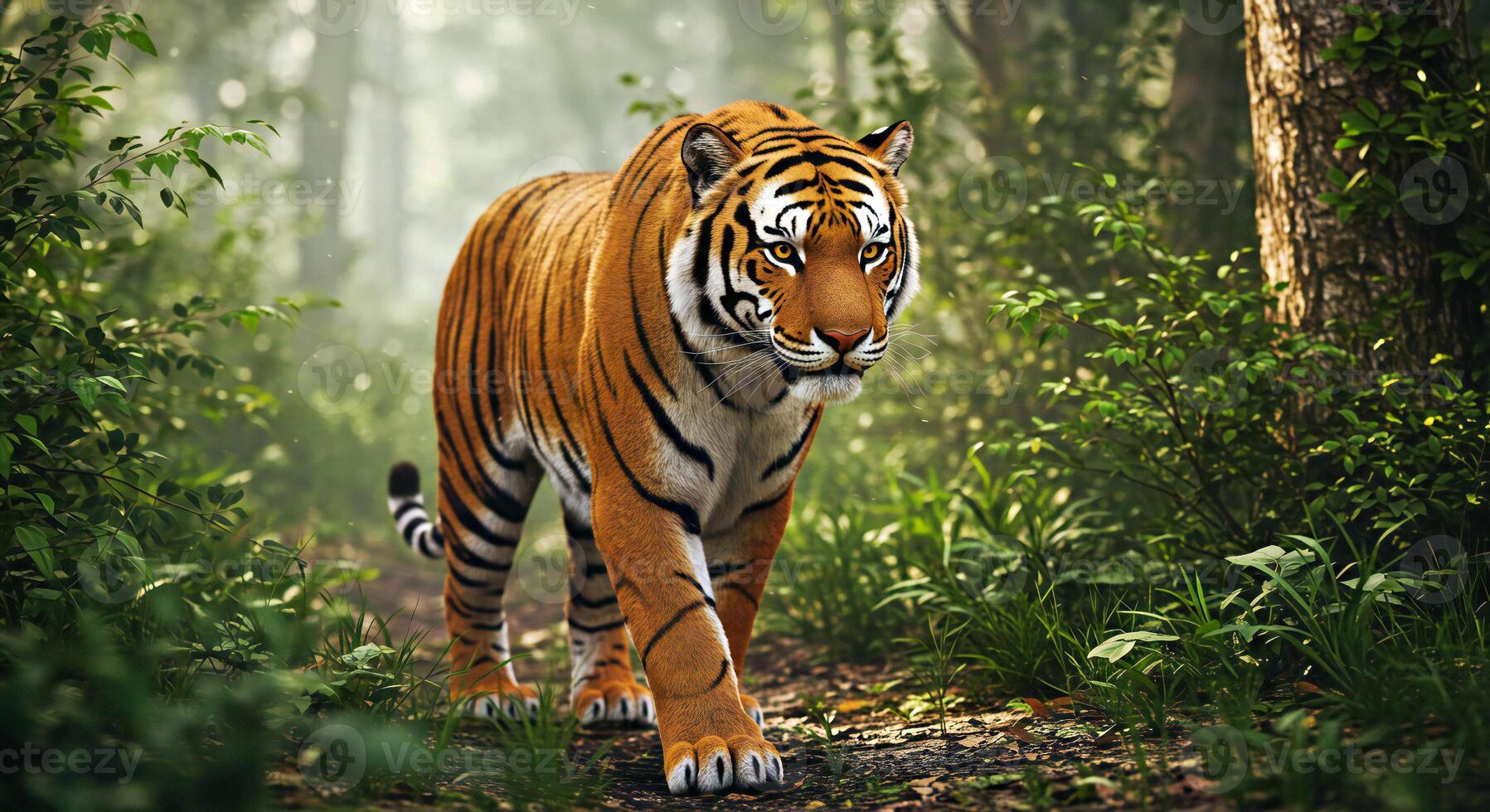 A tiger walking through the woods photo