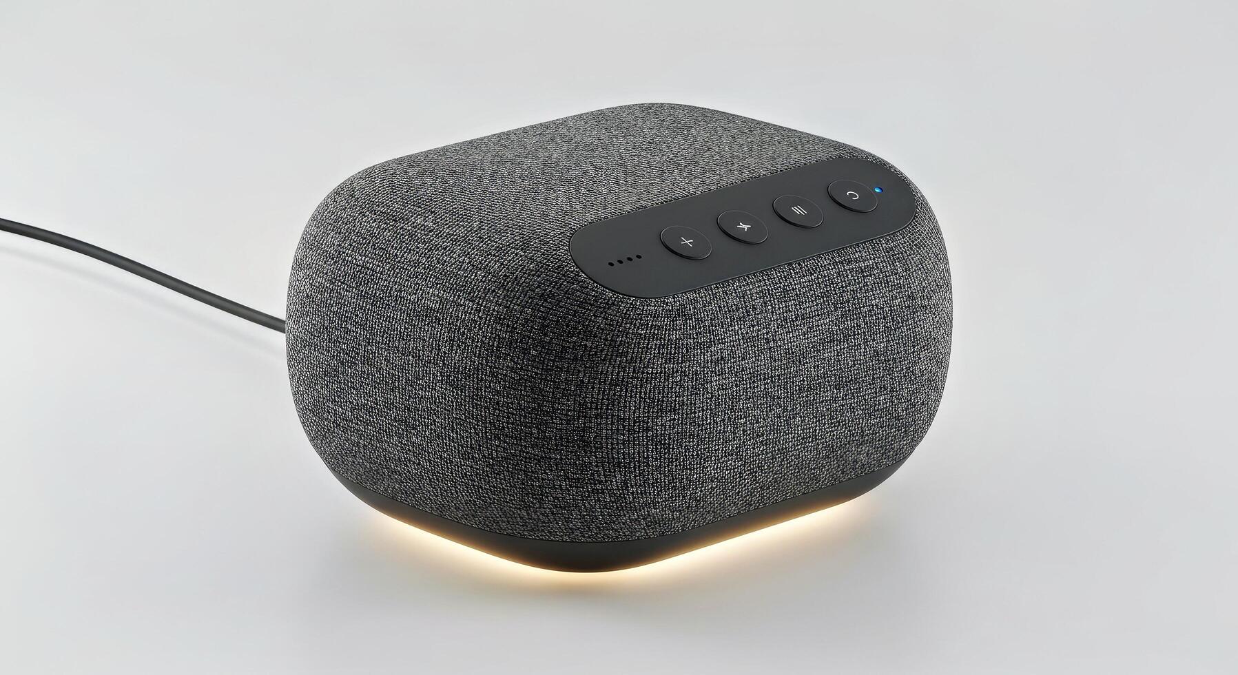 A Compact Smart Speaker With a Fabric Mesh Covering and Illuminated Touch Controls. photo