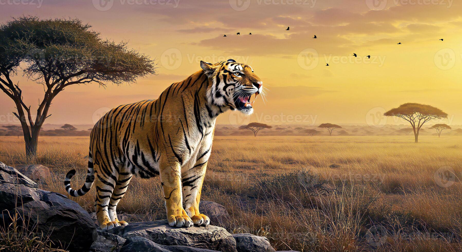 A tiger standing on a rock in the middle of a field photo
