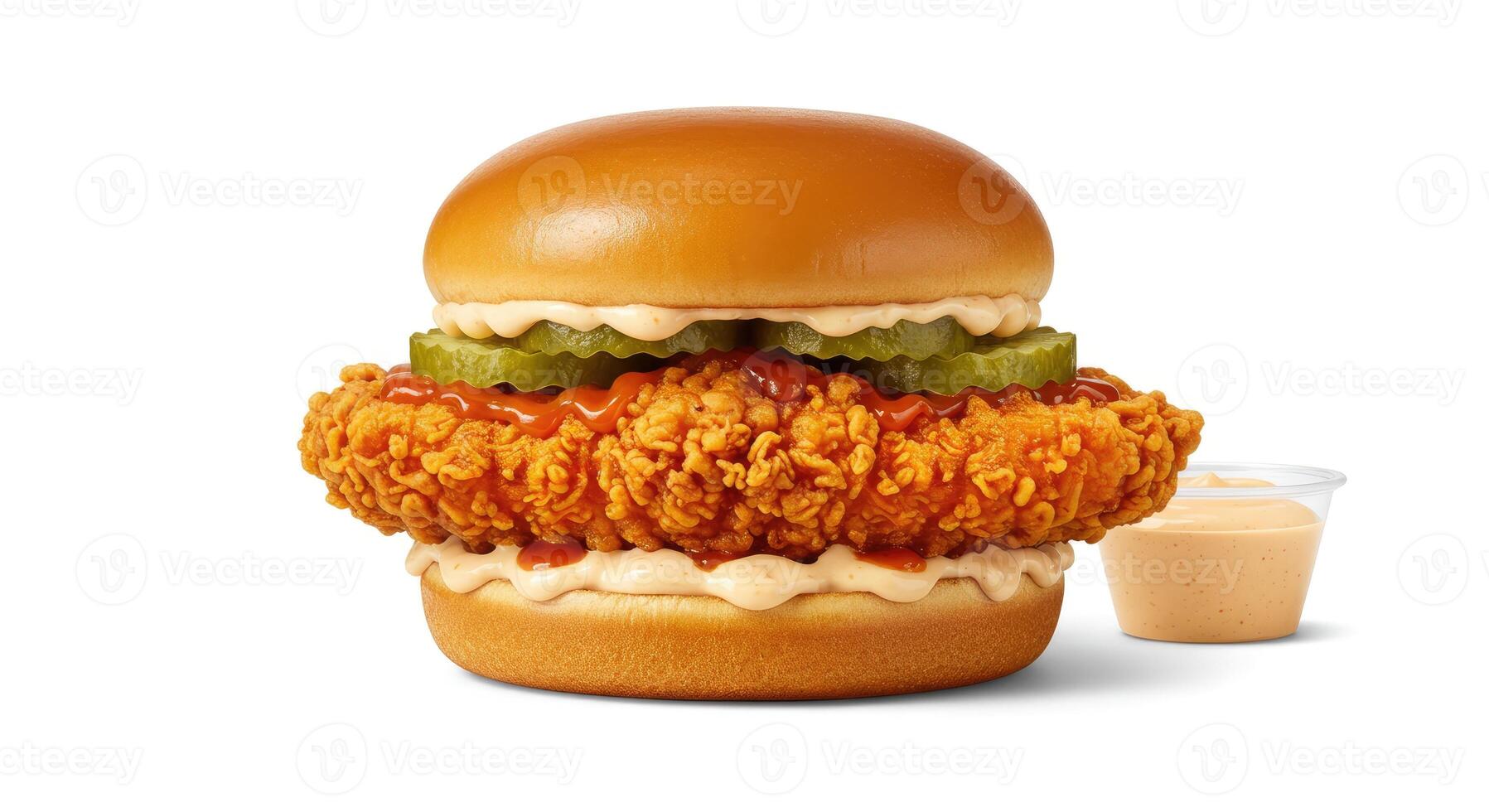 A fried chicken sandwich with pickles and a cup of ketchup photo