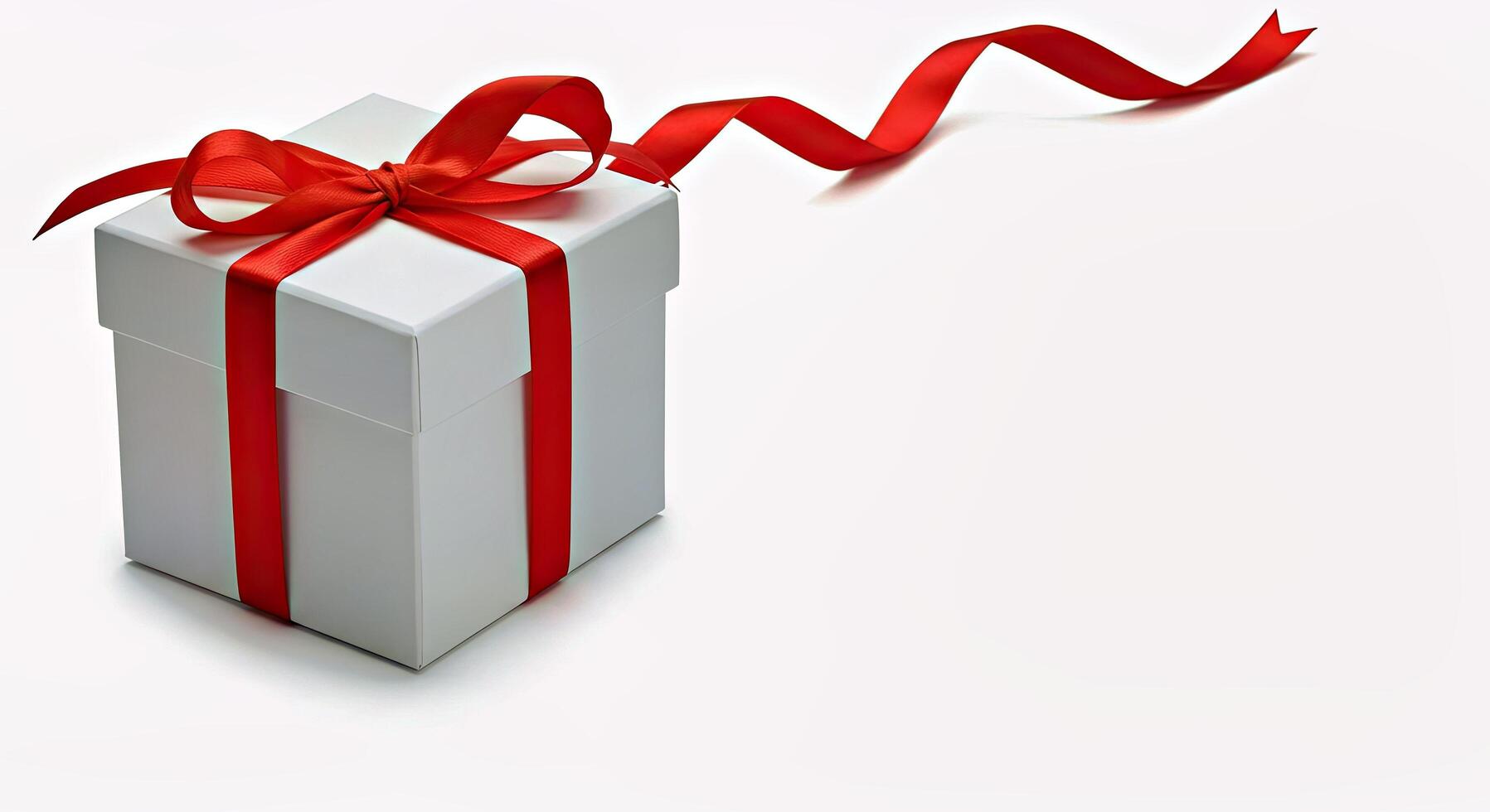A white gift box with red ribbon tied around it photo