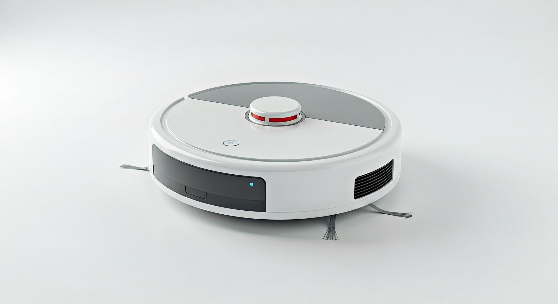 A robot vacuum cleaner on a white surface photo