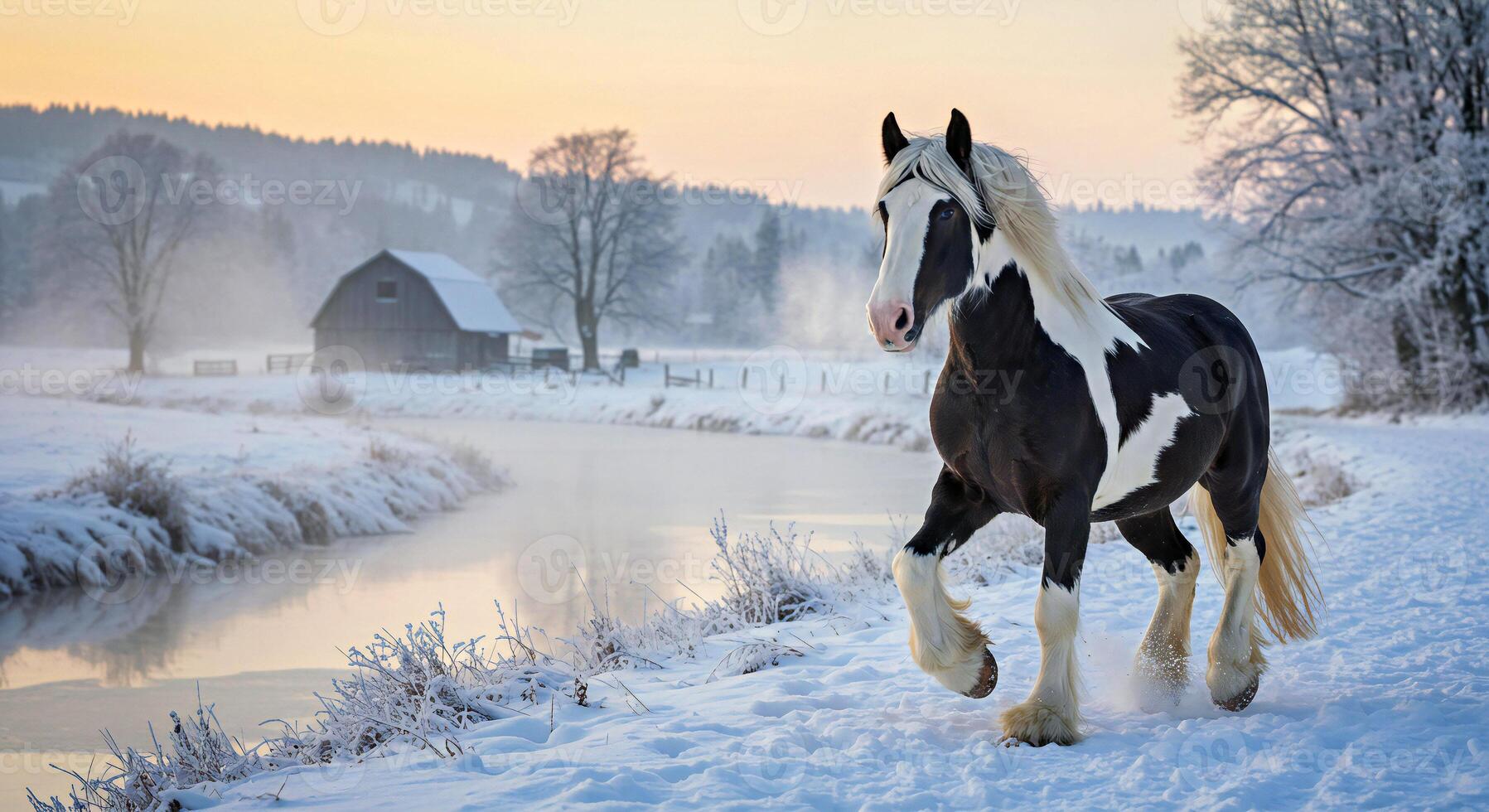A horse walking in the snow photo